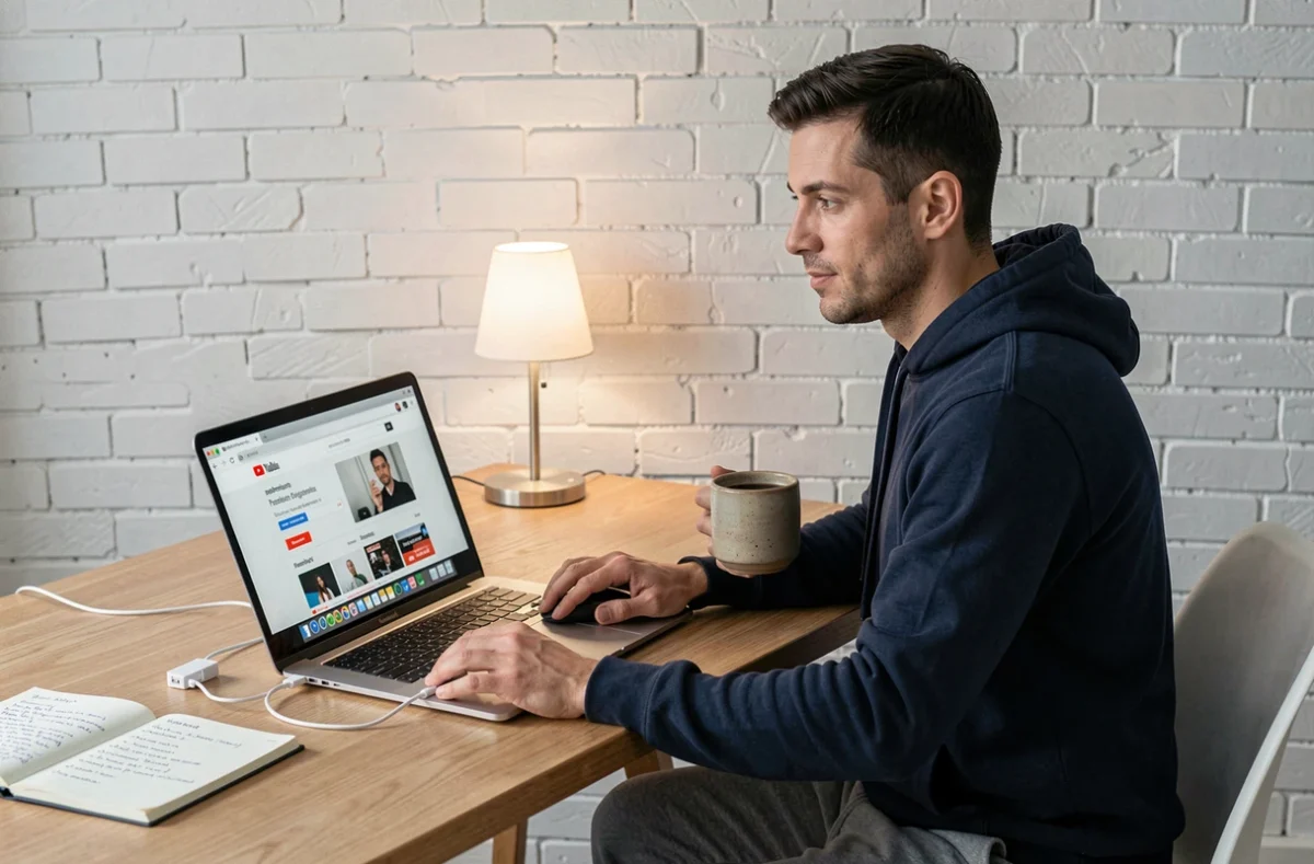 Homme évaluant les options d'abonnement YouTube Premium sur son ordinateur portable dans un bureau à domicile