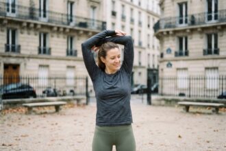 Femme en tenue de sport s'étirant dans un square parisien du 11e arrondissement avant une activité physique en plein air