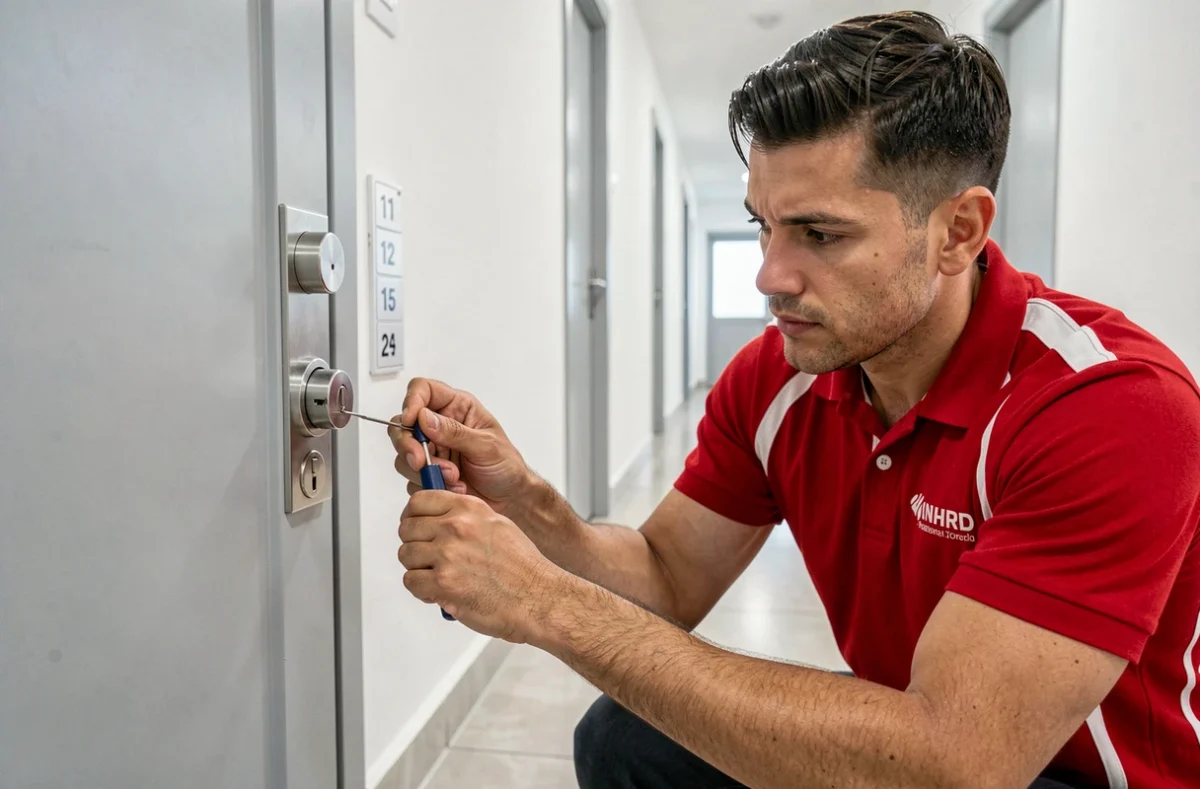 Technicien ADC Serrurerie travaillant sur une serrure de porte d'appartement moderne