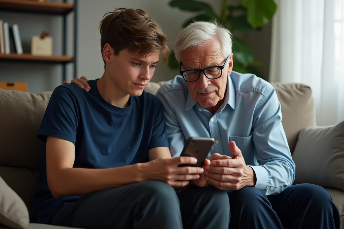 Un adolescent montre son téléphone à son père réticent pour lui expliquer la cancel culture sur les réseaux sociaux