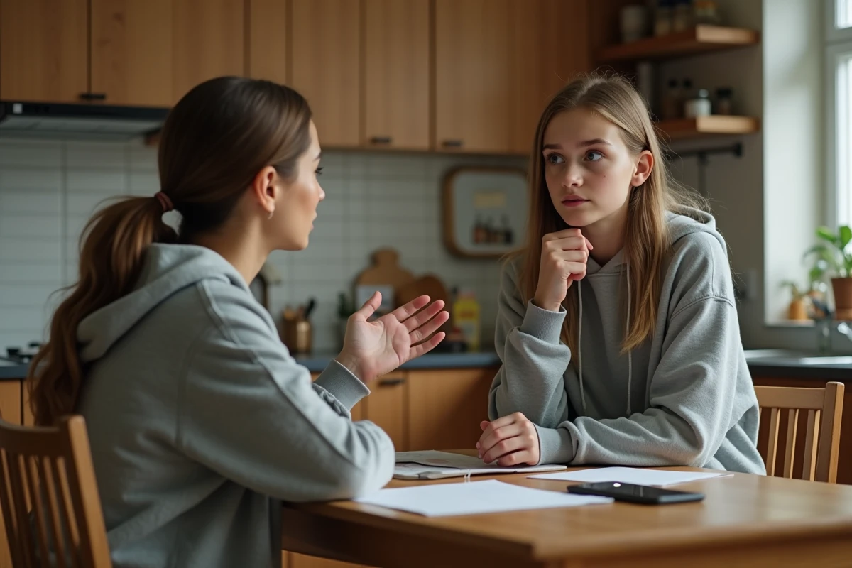 Une adolescente explique la cancel culture à sa mère autour d'une table de cuisine, conversation intergénérationnelle sur les réseaux sociaux