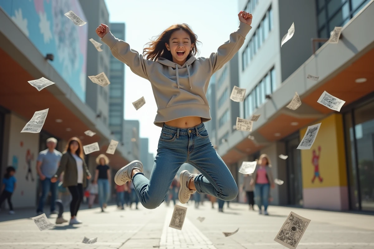 Adolescente sautant en imitant une scène de manhwa en ville