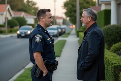 Jeune policier parlant &agrave; un homme dans une rue r&eacute;sidentielle