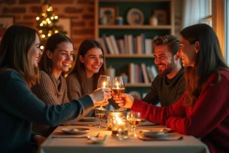 Groupe d'amis souriants autour d'une table décorée en hiver