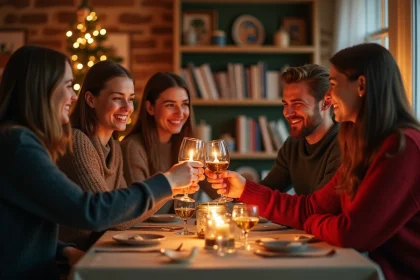 Groupe d'amis souriants autour d'une table d&eacute;cor&eacute;e en hiver