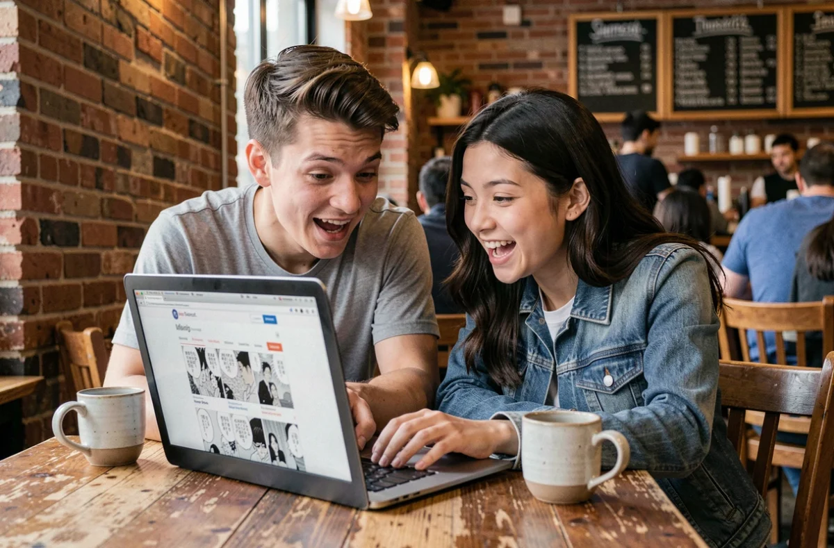Deux amis enthousiastes regardant ensemble des scans de manga sur un ordinateur portable dans un café