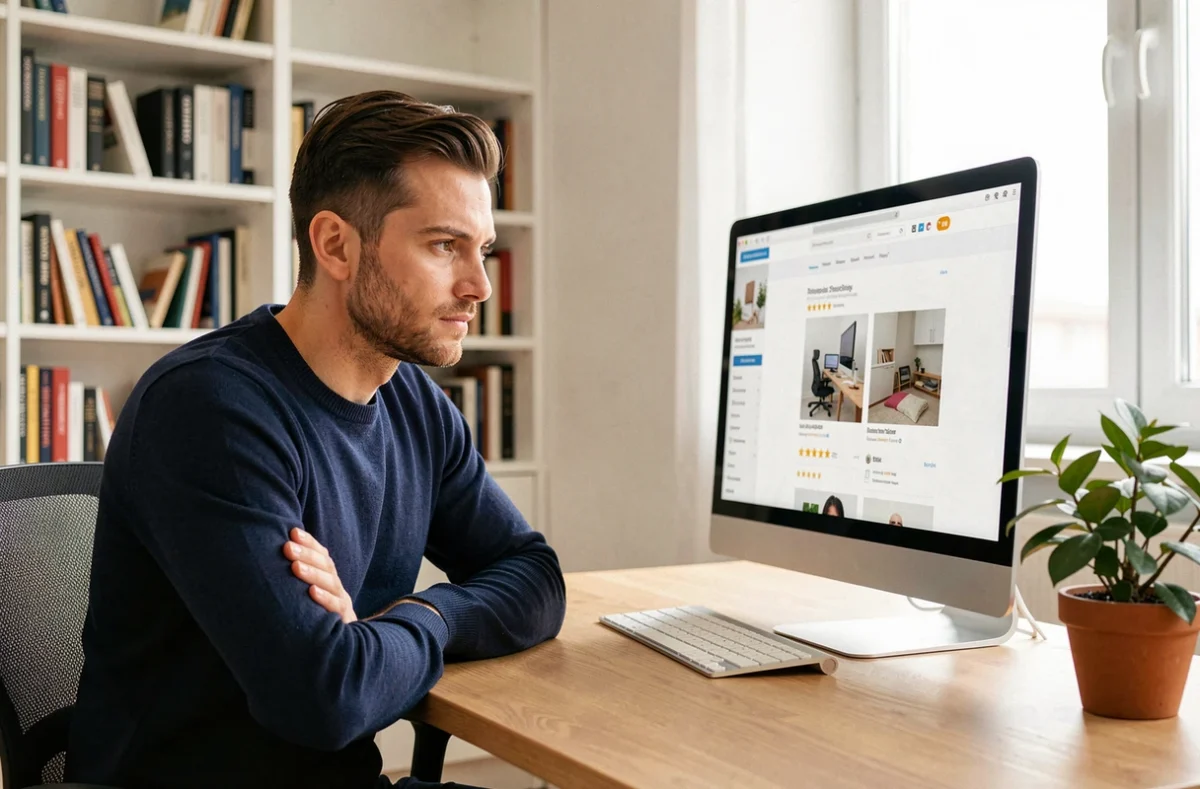 Homme analysant la fiabilité d'un site e-commerce sur son ordinateur dans un bureau à domicile moderne