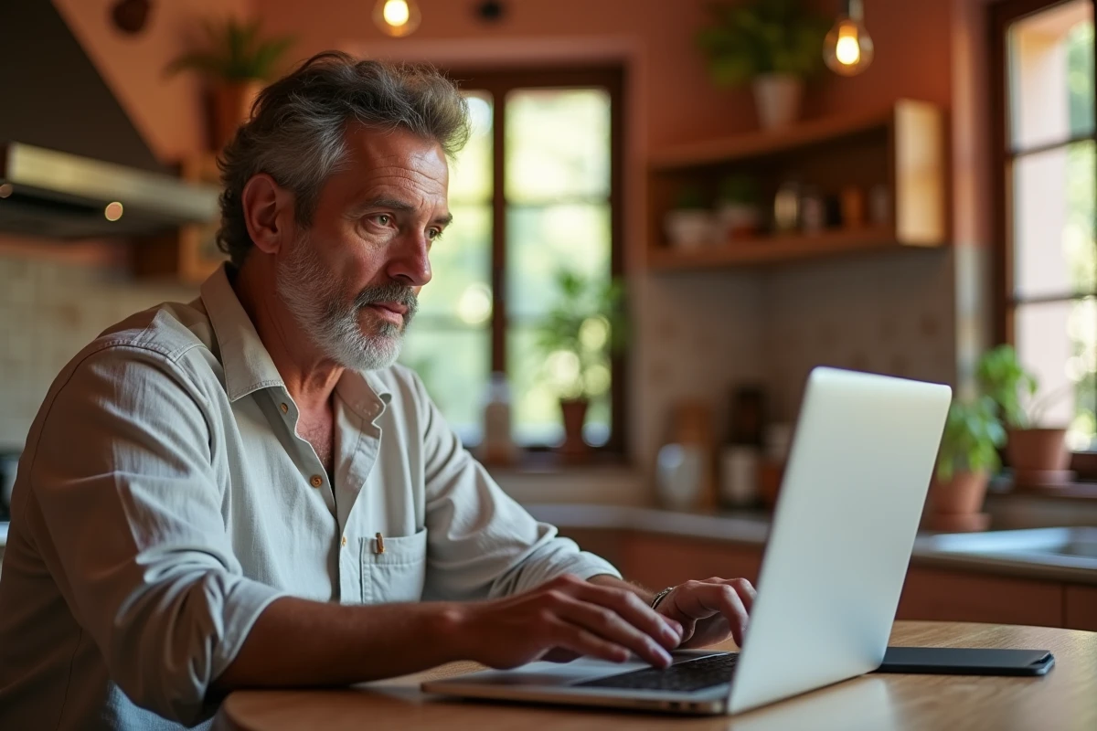 Homme italien parcourant des annonces entre particuliers sur un site web depuis sa cuisine méditerranéenne