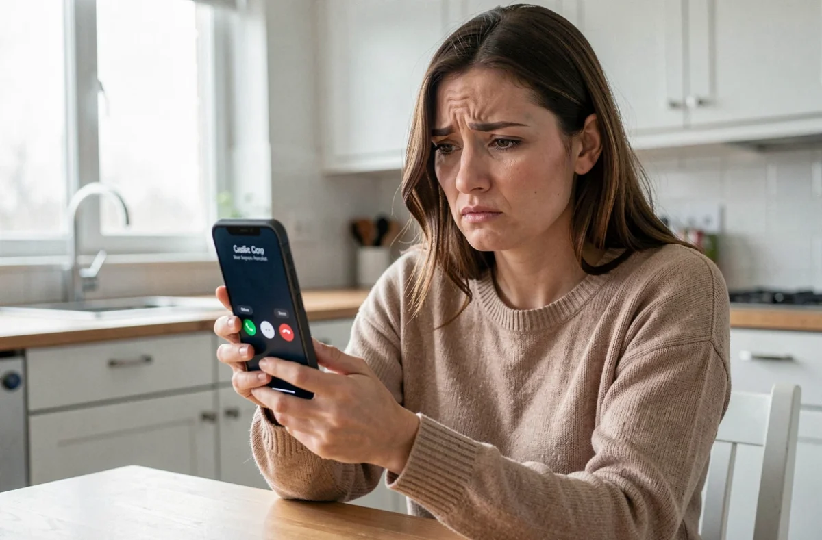 Femme tenant un smartphone affichant un appel inconnu répété, l'air préoccupée dans une cuisine moderne
