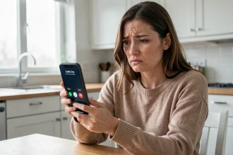 Femme tenant un smartphone affichant un appel inconnu répété, l'air préoccupée dans une cuisine moderne
