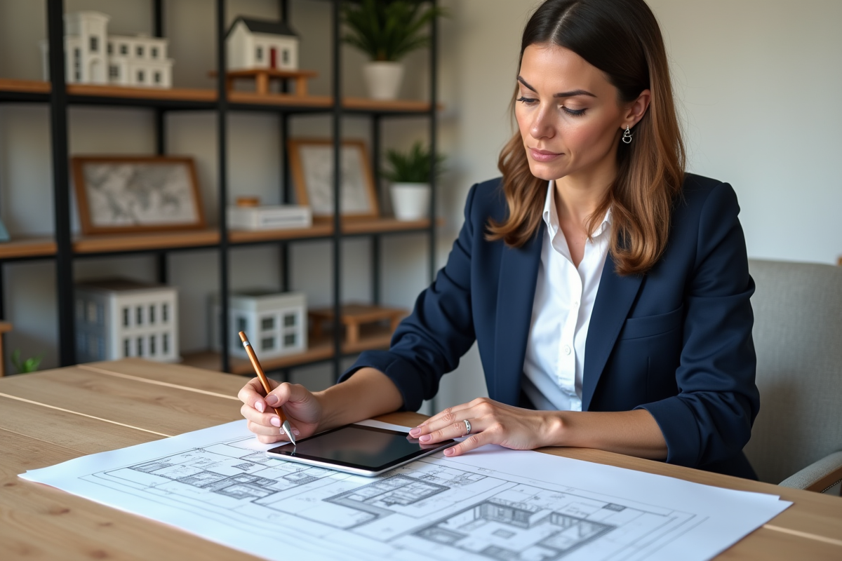Architecte en train de travailler sur un plan de maison dans son bureau