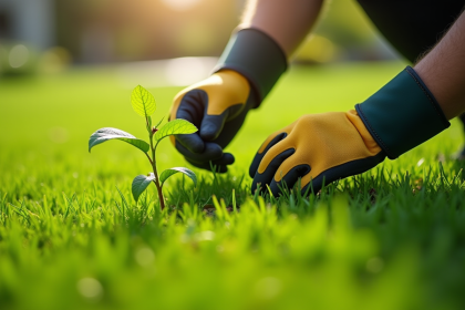 Personne arrachant des mauvaises herbes dans un jardin vert