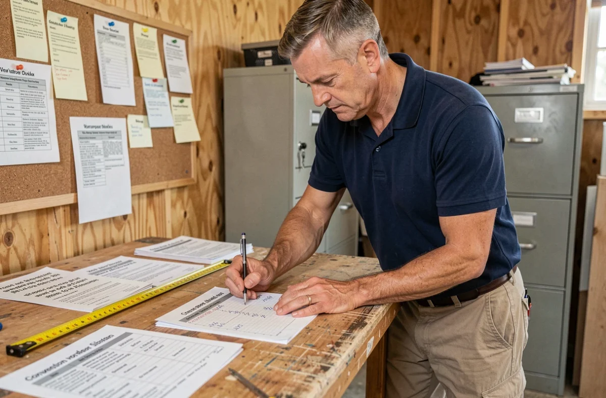 Artisan consultant remplissant un tableau de conversion litres en m3 sur chantier pour établir un devis