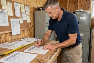 Artisan consultant remplissant un tableau de conversion litres en m3 sur chantier pour établir un devis