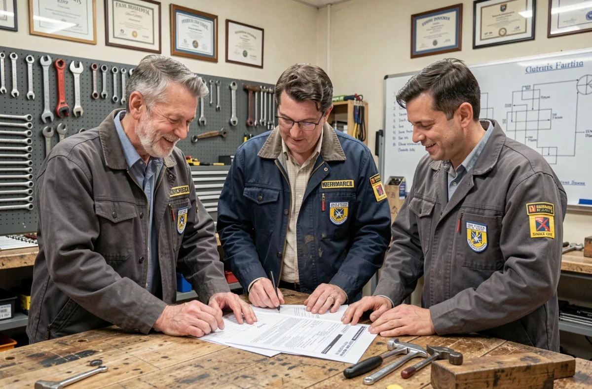 Artisans serruriers inscrits au répertoire des métiers réunis autour d'un document technique dans leur atelier
