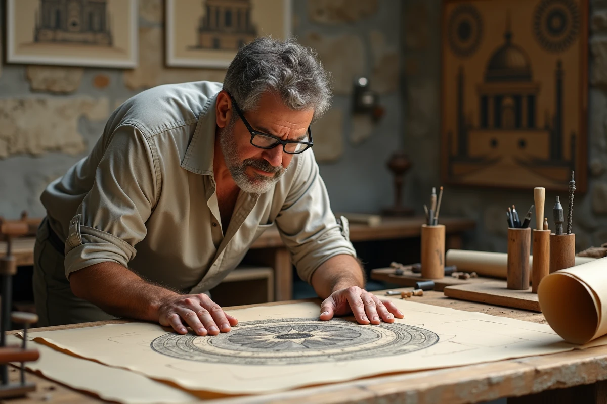 Artiste graveur travaillant sur des esquisses géométriques inspirées du style illusionniste d'Escher dans un atelier ancien