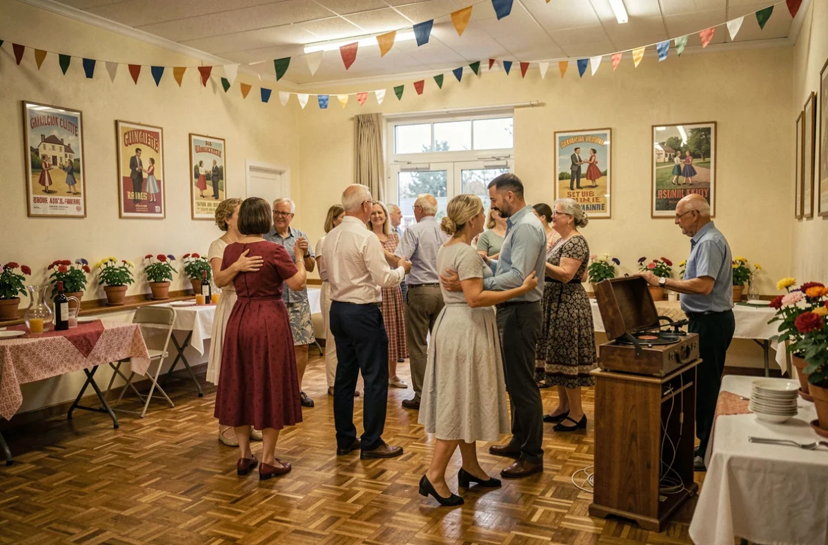 Soirée dansante de l'Association Culture Guinguette à Bry-sur-Marne avec couples dansant sur parquet dans une salle festive décorée