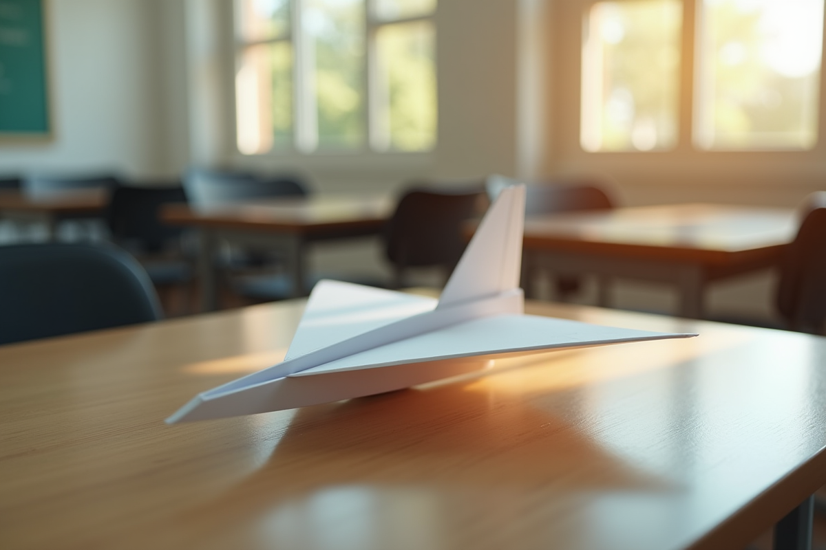 Avion en papier fini posé sur un bureau d