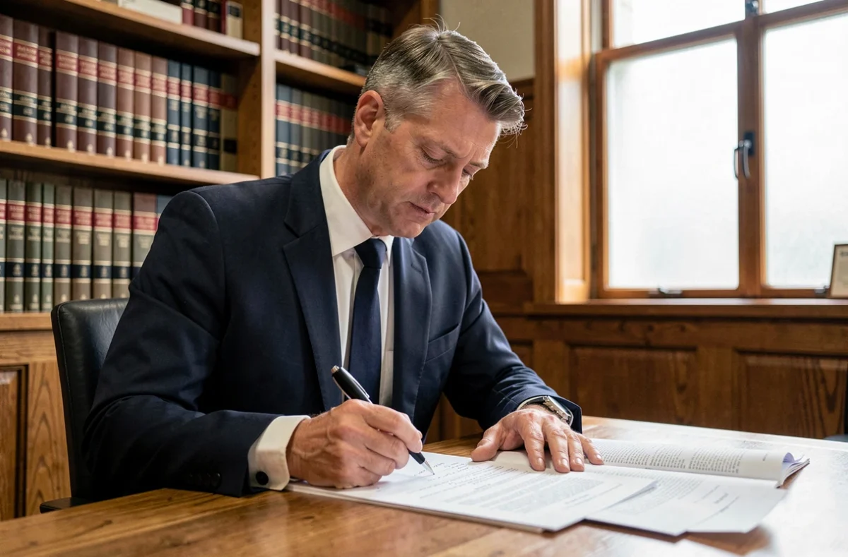 Avocat en costume marine annotant des documents juridiques sur une table de tribunal en bois, illustrant le calcul des remises de peine