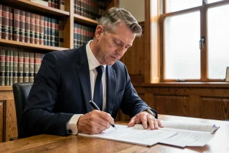Avocat en costume marine annotant des documents juridiques sur une table de tribunal en bois, illustrant le calcul des remises de peine