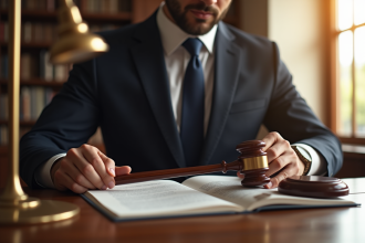 Avocat élégant analysant un livre de droit dans un bureau moderne