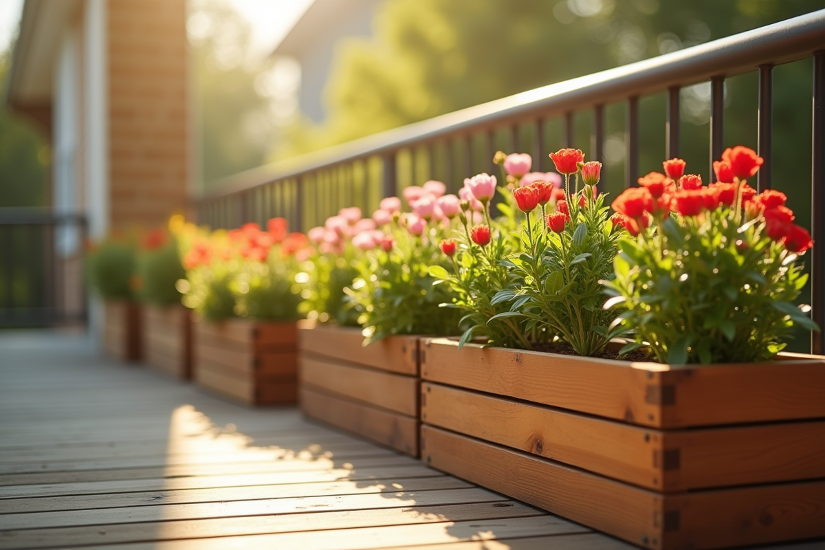 Balcon ensoleille avec jardinières en bois et fleurs colorées