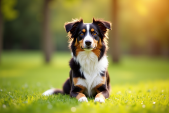 Chien berger australien tricolore dans un parc ensoleille