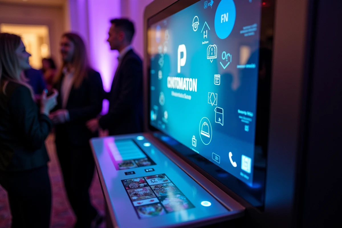 Écran tactile d'une borne Photomaton en location avec impression de photos personnalisées lors d'une soirée professionnelle