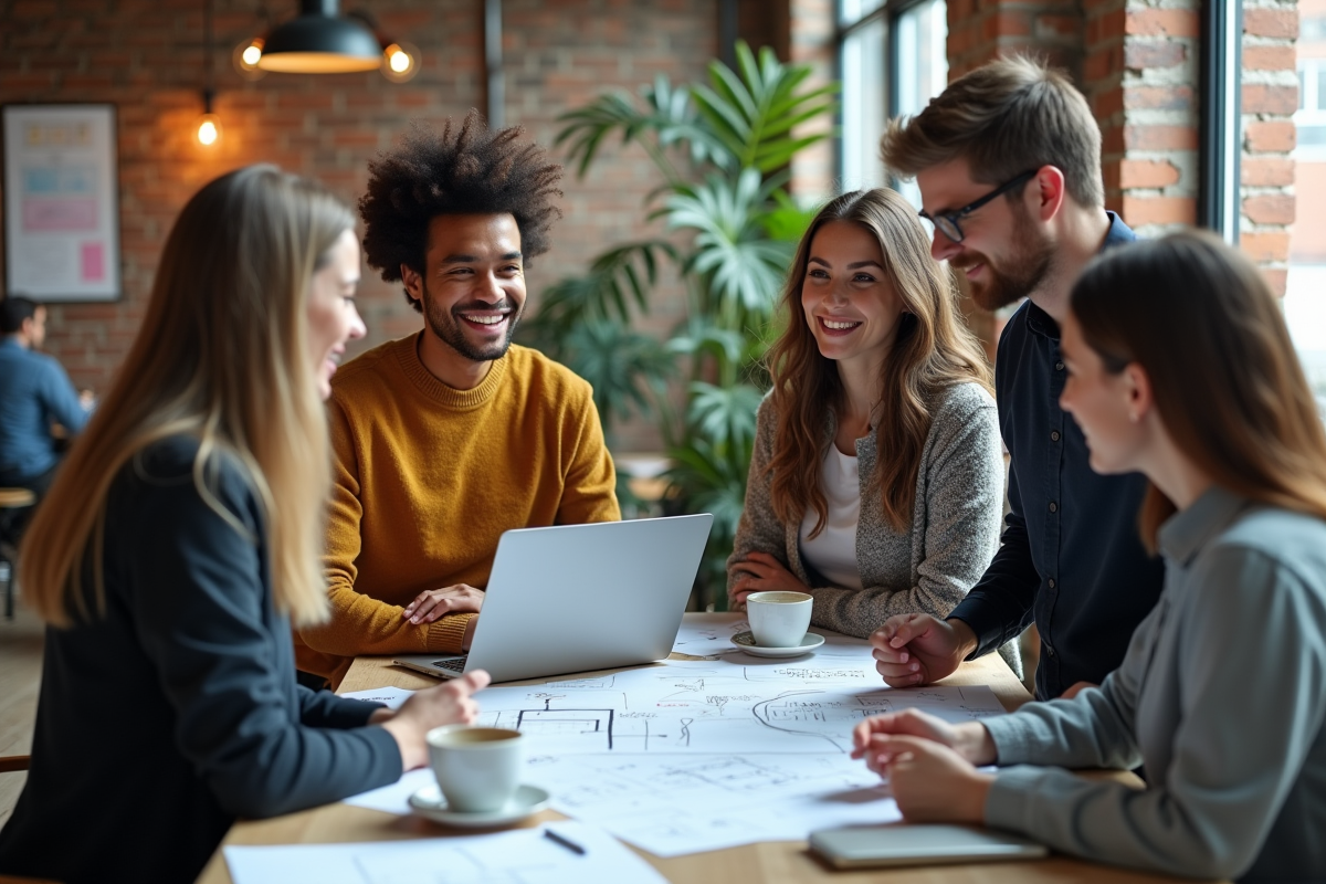 Groupe de quatre jeunes en brainstorming dans un espace de coworking