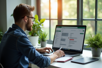 Professionnel au bureau moderne avec chatgpt et plantes