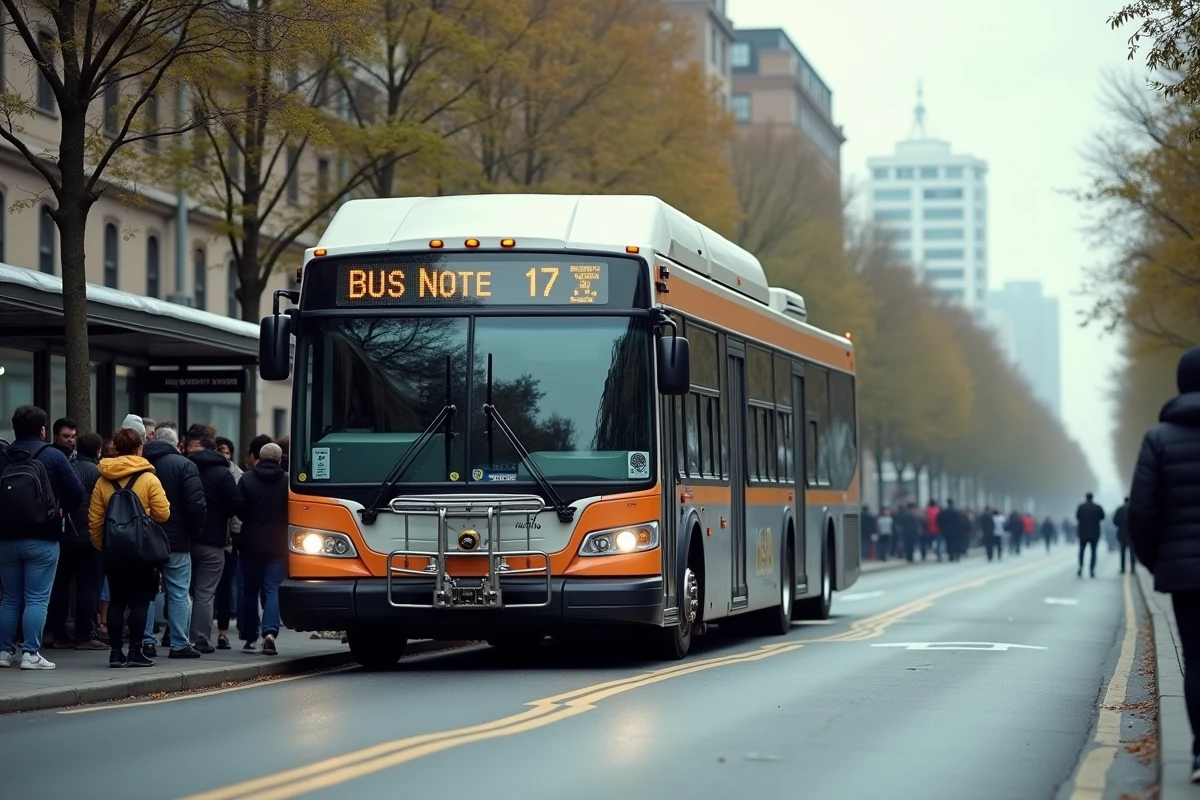 Bus 172 arrivant à un arrêt bondé en ville avec des passagers qui attendent sur le trottoir