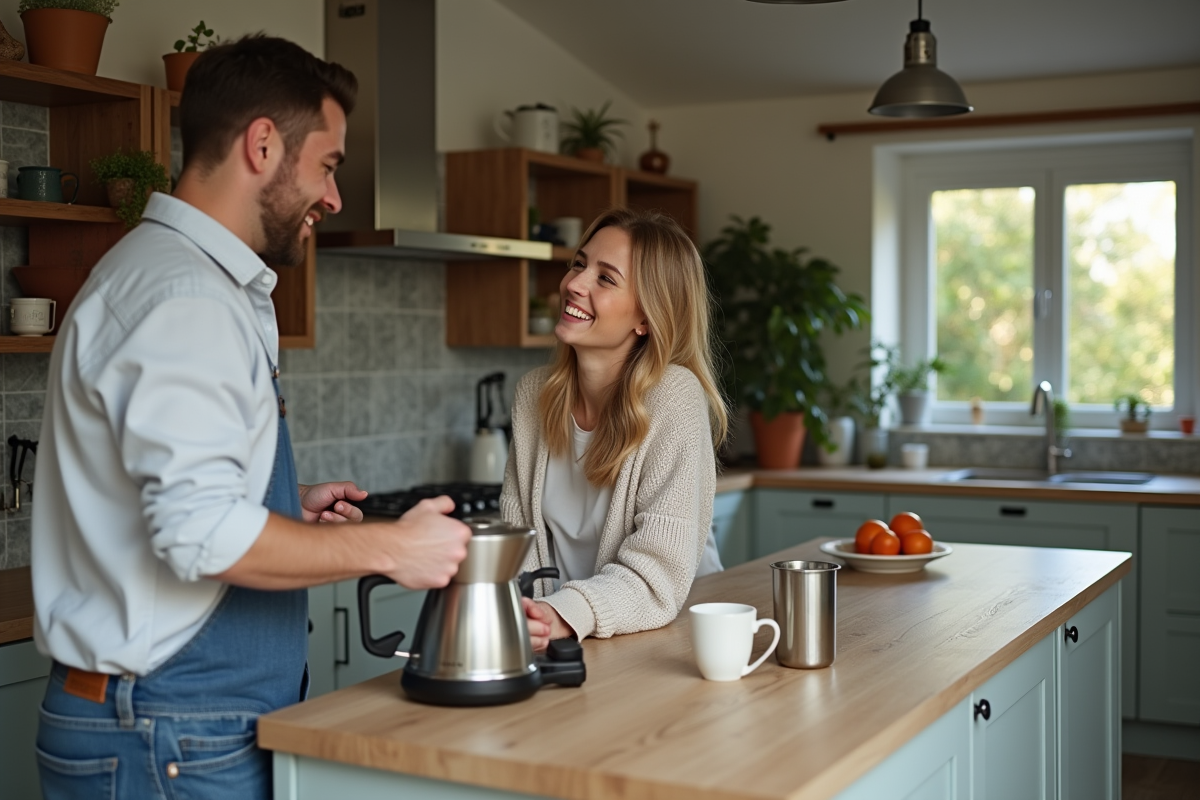 Jeune couple préparant du cafe dans la cuisine lumineuse