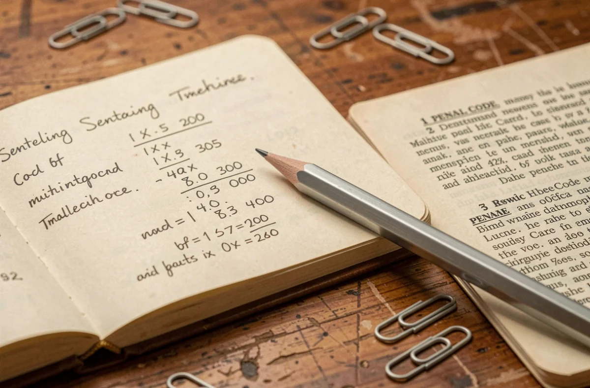 Cahier juridique ouvert avec calculs manuscrits de remises de peine et extrait de code pénal sur un bureau en bois
