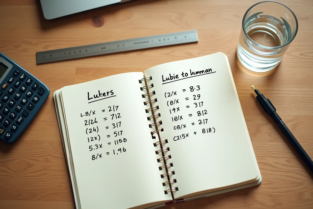 Vue de dessus d'un bureau avec cahier de formules de conversion litres en mètres cubes et calculatrice