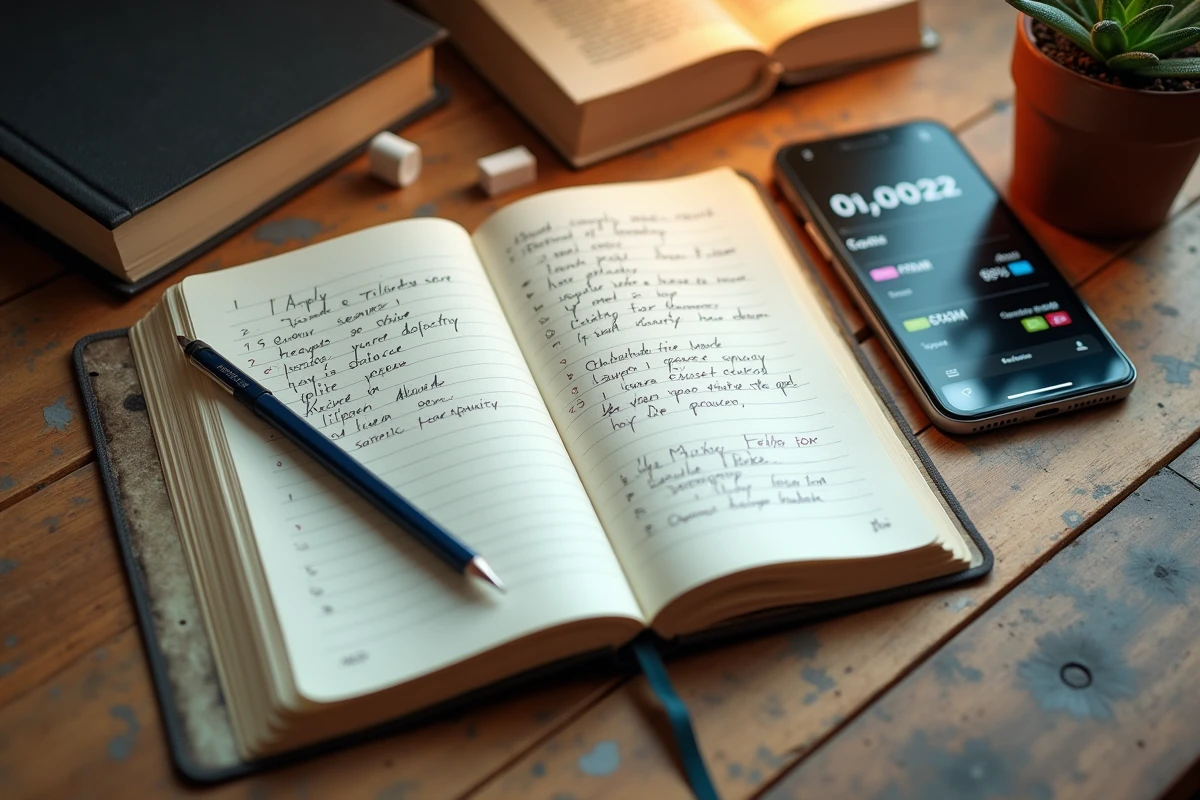 Cahier de suivi manuscrit avec comptage de mots par chapitre sur le bureau d'un écrivain