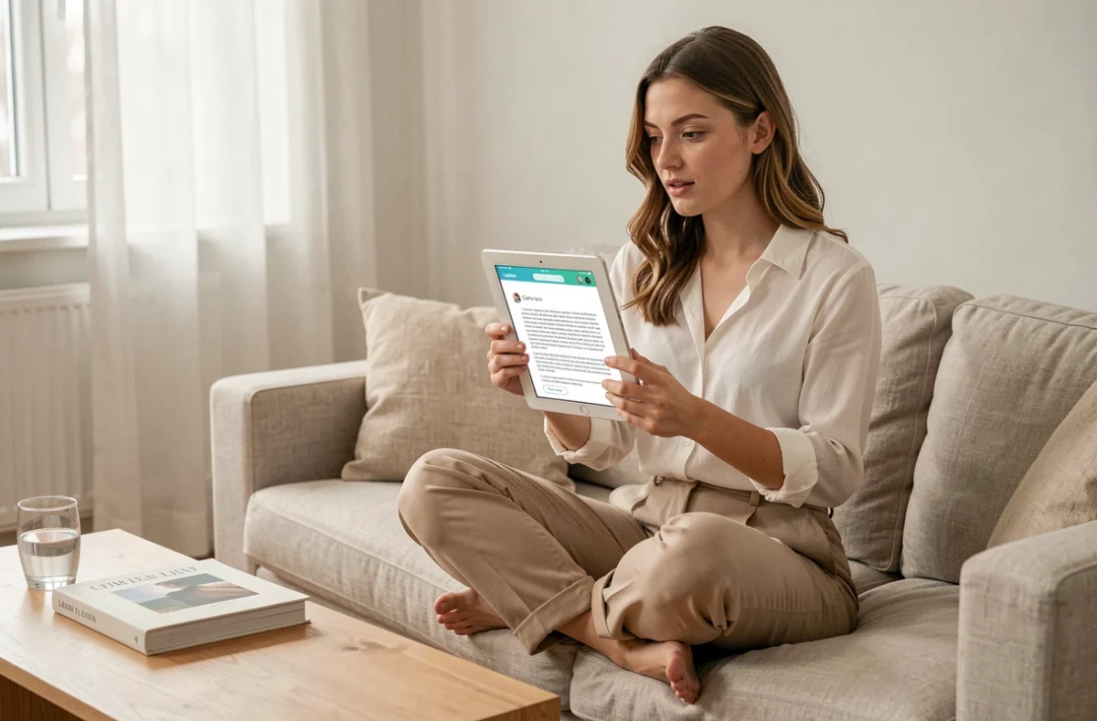 Jeune femme utilisant Canva sur une tablette avec un modèle de design rempli de texte Lorem Ipsum dans un salon minimaliste