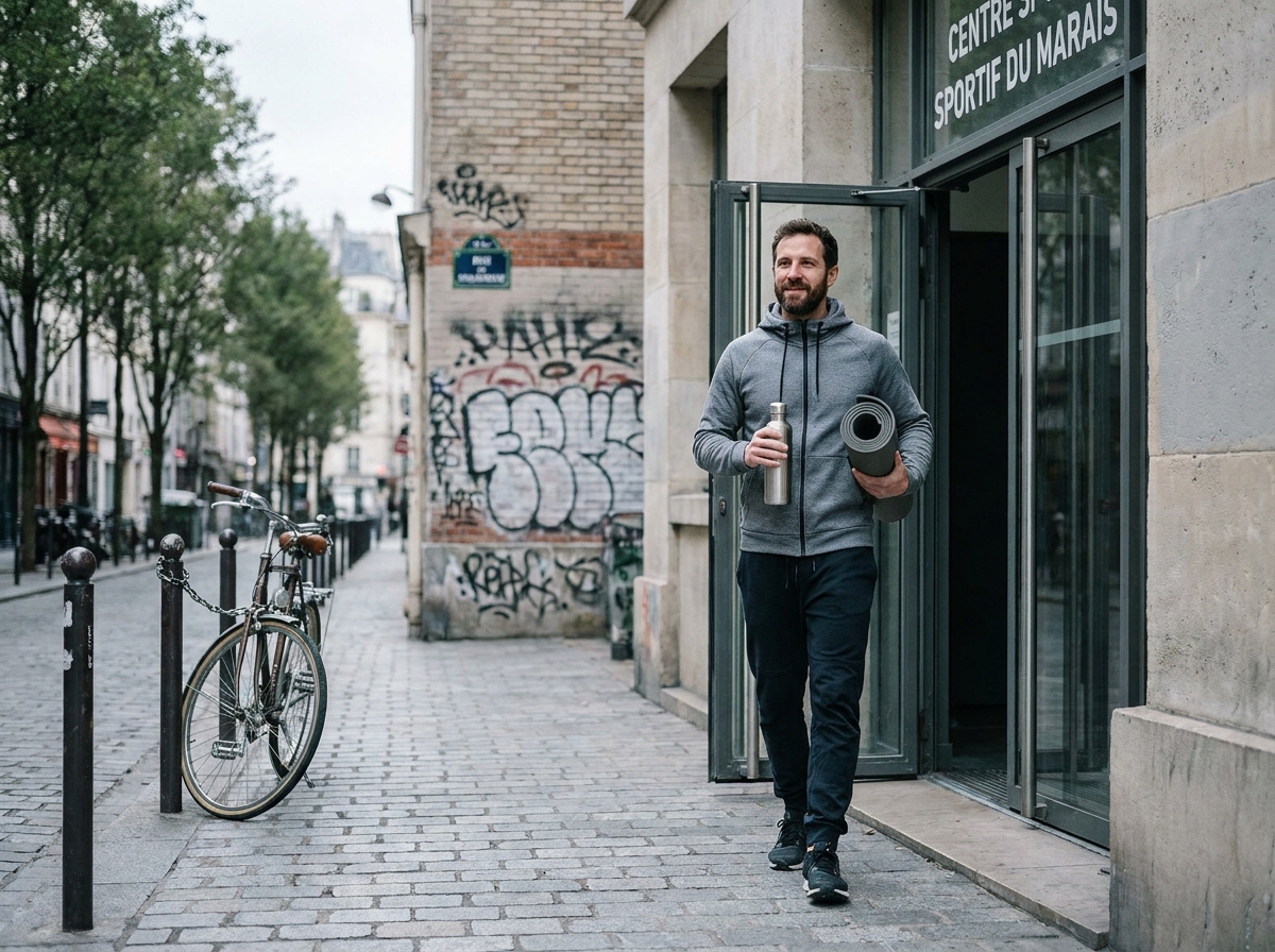 Homme sortant d'un centre sportif communautaire dans le 11e arrondissement de Paris avec tapis de yoga et gourde