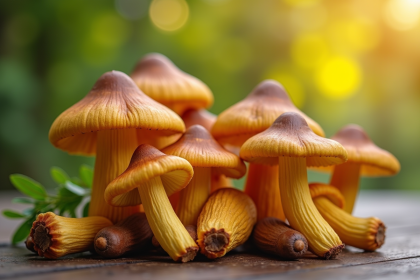 Champignons chanterelles jaunes et bruns sur une table en bois