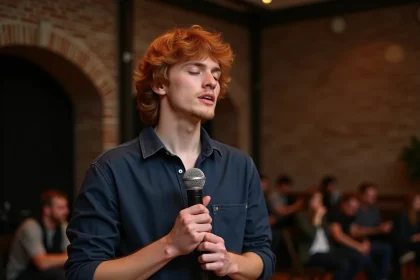Chanteur roux anglais sur scène tenant un microphone dans une salle de concert intime aux murs en briques apparentes