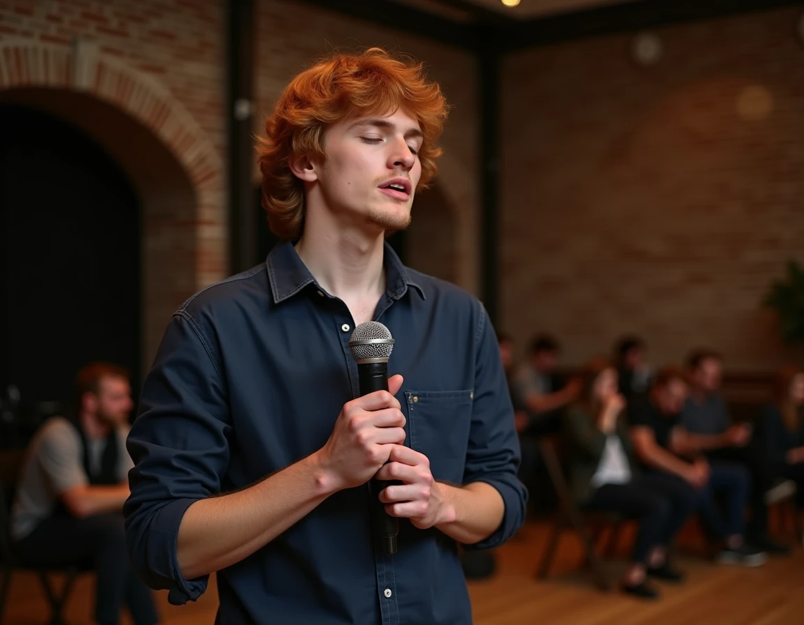 Chanteur roux anglais sur scène tenant un microphone dans une salle de concert intime aux murs en briques apparentes