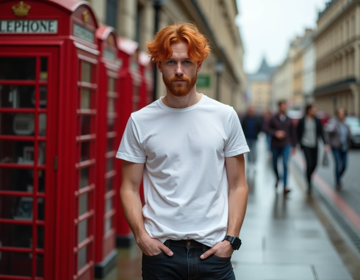 Chanteur roux anglais dans une rue londonienne avec des cabines téléphoniques rouges et des pavés mouillés
