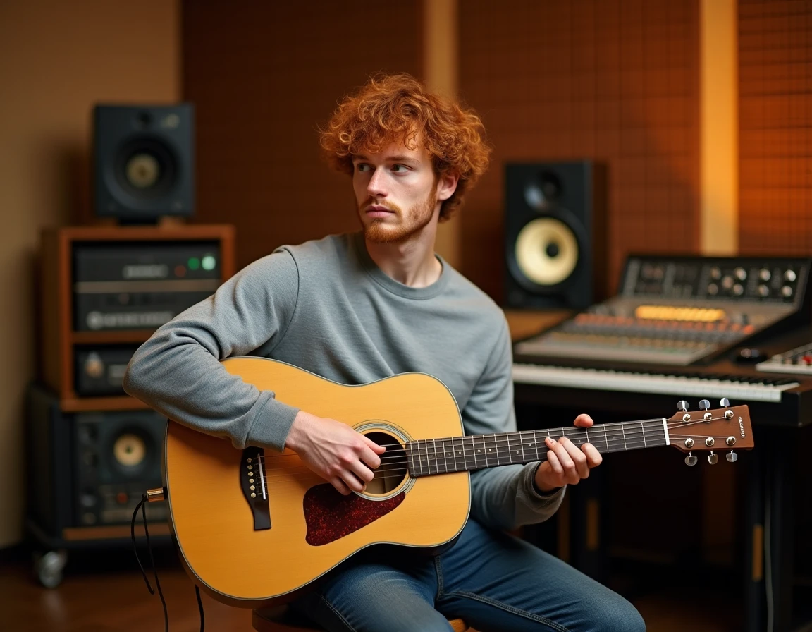 Musicien roux anglais dans un studio d'enregistrement tenant une guitare acoustique avec un regard pensif