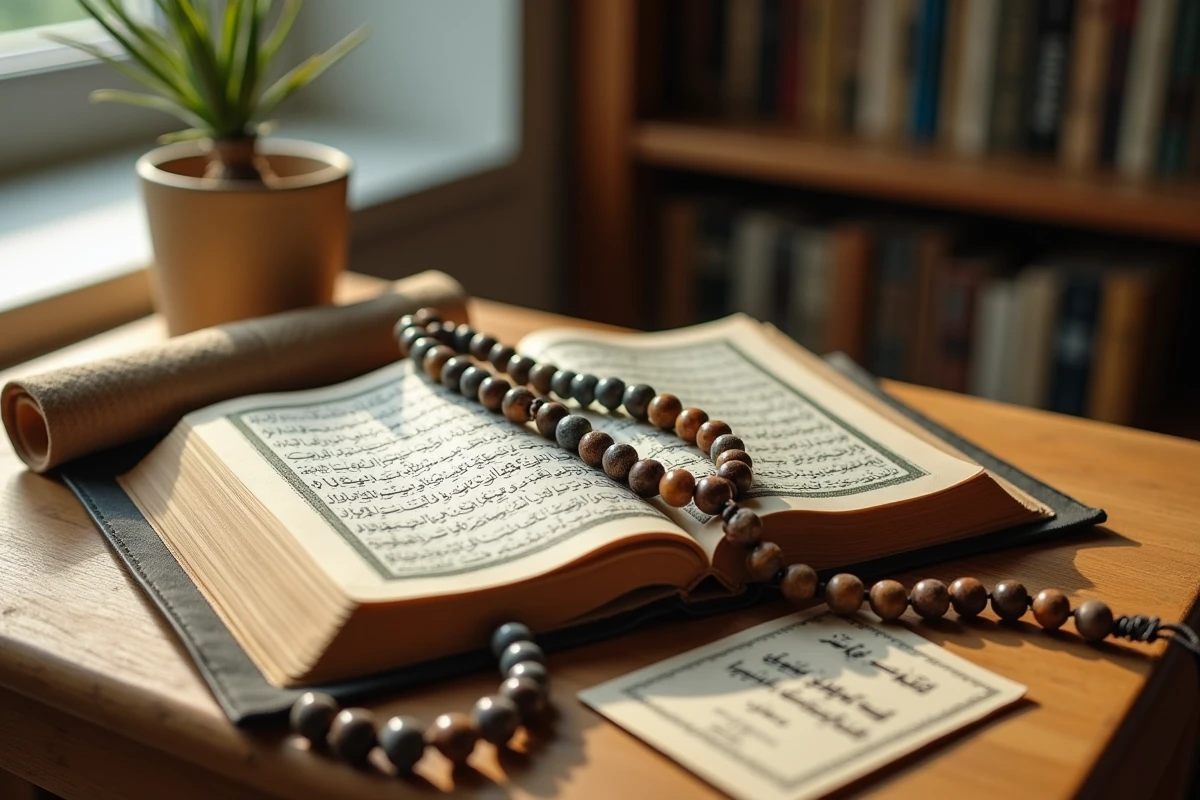 Chapelet islamique et Coran ouverts sur un bureau en bois, symboles de la douaa istikhara et de la prière