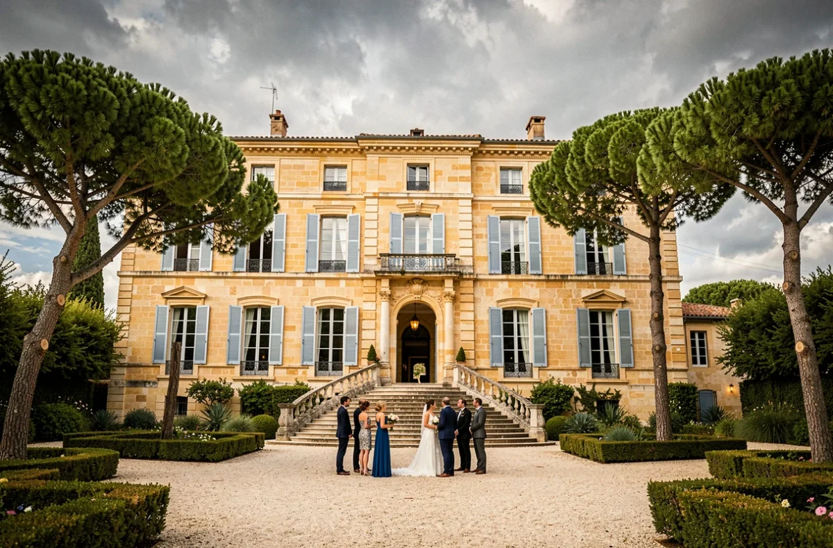 Façade du Château d'Alphéran entourée de jardins provençaux, escalier en pierre et invités en tenue formelle dans la cour