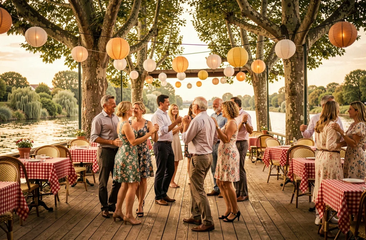 Couples dansant la valse musette sur la terrasse en bois de la guinguette Chez Gégène au bord de la Marne à Joinville-le-Pont