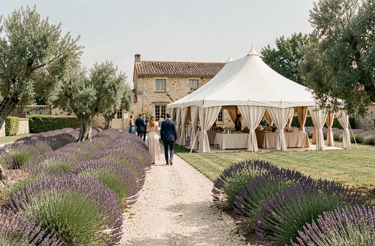Domaine Le Clos des Anges en Provence, jardin de lavande et oliviers centenaires avec tente de réception blanche et invités sur le chemin