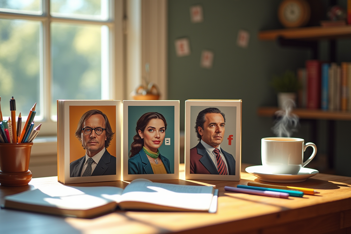 Collage créatif de personnages fictifs en F sur un bureau lumineux