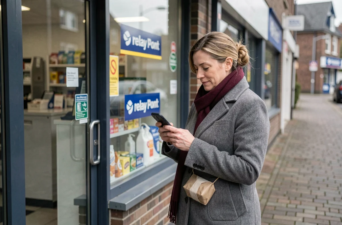 Femme récupérant un colis Vinted dans un point relais de quartier avec son téléphone