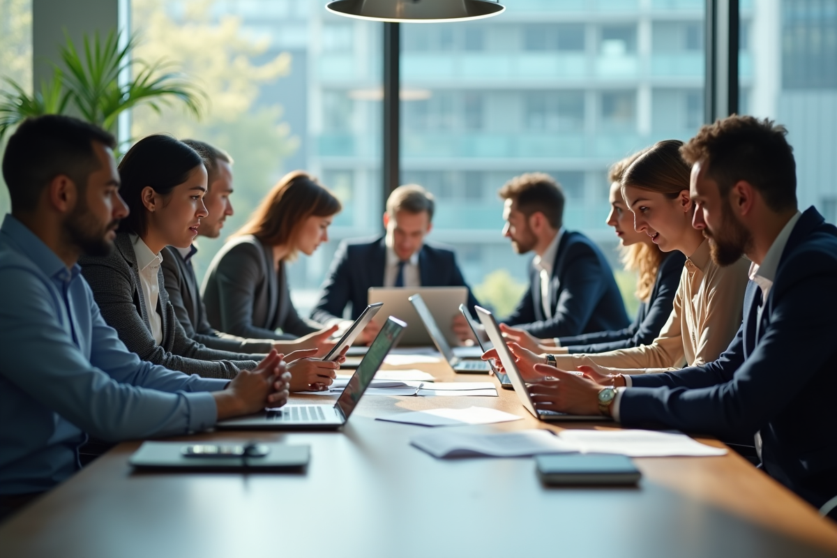 Groupe de collègues frustrés face aux notifications numériques