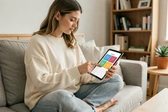 Jeune femme comparant les abonnements YouTube Premium sur une tablette dans un salon moderne